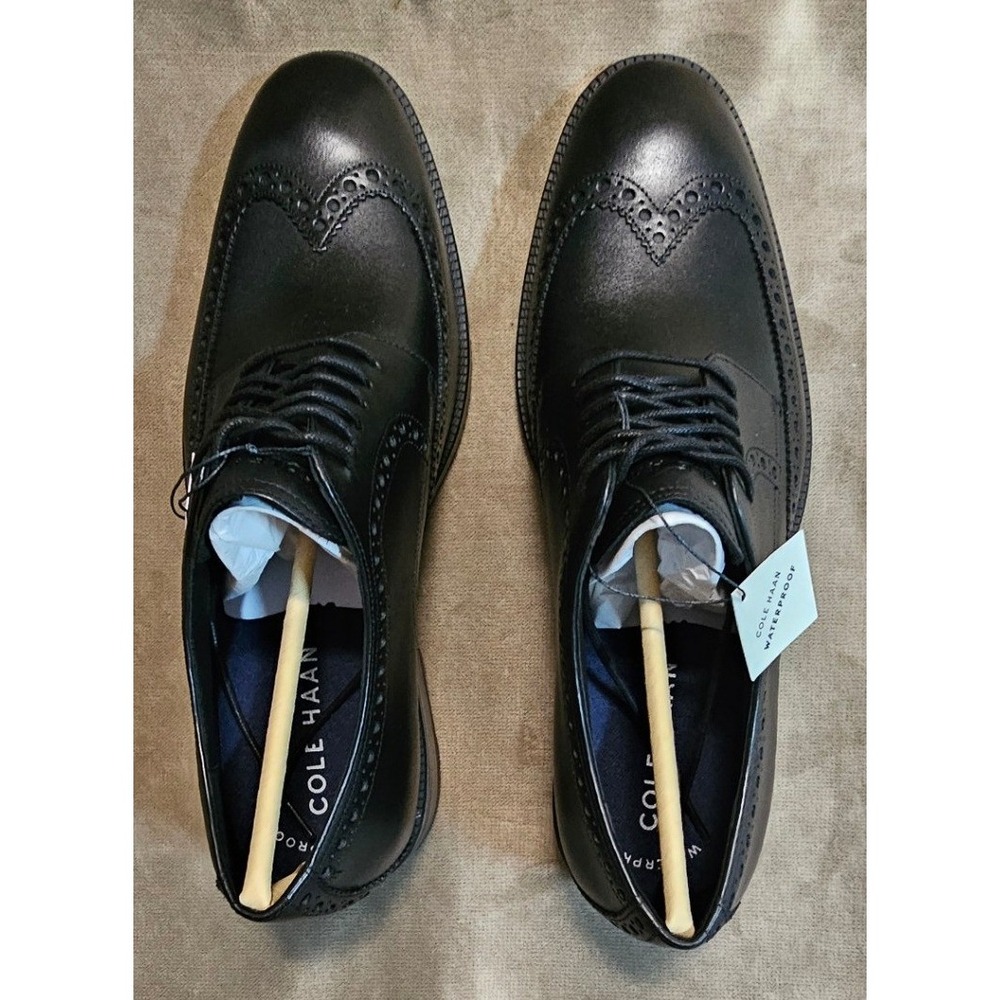 Cole Haan Mens 9.5 ME Wing Oxford Black Waterproof Leather Wingtip Shoes C34262 - Picture 6 of 8